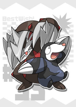 claws closed_mouth commentary_request drilbur drop_shadow evolutionary_line excadrill gen_5_pokemon kumano_sakunosuke nintendo no_humans open_mouth outline pokemon pokemon_(creature) pokemon_focus smile white_outline