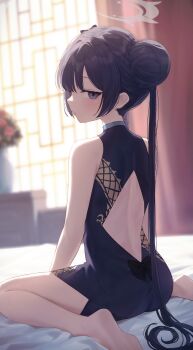 1girl absurdres ass back_bow back_cutout bare_arms bare_legs barefoot bed_sheet black_bow blue_archive blurry blurry_background blush bow braid braided_bun china_dress chinese_clothes clothing_cutout commentary diamond_cutout dragon_print dress expressionless hair_bun halo highres indoors kisaki_(blue_archive) kuchisode long_hair looking_at_viewer looking_to_the_side plant potted_plant profile sideways_glance sitting sleeveless sleeveless_dress soles solo very_long_hair wariza window