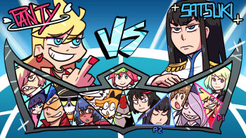 4boys 6+girls absurdres brand_new_animal brown_hair character_name character_request character_select company_connection earrings epaulettes frown grin highres inferno_cop inferno_cop_(character) jewelry kagemori_michiru kamina_(ttgl) kill_la_kill kiryuuin_satsuki kujikawaii lio_fotia little_witch_academia mankanshoku_mako matoi_ryuuko middle_finger multiple_boys multiple_girls panty_&amp;_stocking_with_garterbelt panty_(psg) pink_hair promare purple_hair red_nails school_uniform sharp_teeth smile stocking_(psg) studio_trigger sucy_manbavaran teeth tengen_toppa_gurren_lagann trigger_(company)