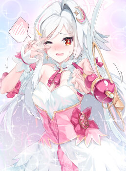 1girl absurdres bare_shoulders blue_archive blush breasts casting_spell cleavage commentary_request detached_sleeves dress embarrassed gradient_background hair_between_eyes halo head_wings highres long_hair magical_girl motion_lines nose_blush official_alternate_costume one_eye_closed pointing pointing_at_viewer red_eyes single_head_wing small_breasts smile solo sparkle sparkling_eyes sunnysideup suzumi_(blue_archive) suzumi_(magical)_(blue_archive) underbust very_long_hair w wavy_mouth white_hair wings