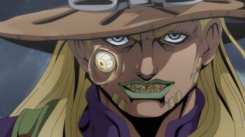 1boy araki_hirohiko_(style) beard blonde_hair blue_eyes brown_hat cloud cloudy_sky colorized comic_panel_redraw commentary cowboy_hat derivative_work english_commentary eyeball facial_hair goggles goggles_on_headwear gold_teeth green_lips grills grin gyro_zeppeli hat high_collar highres jojo_no_kimyou_na_bouken jojomelhoranim long_hair makeup male_focus night official_style purple_shirt shirt sky smile solo steel_ball_run