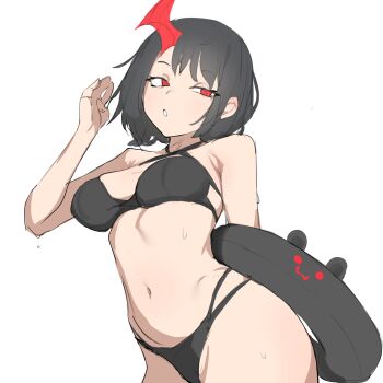 1girl :o absurdres adventurequest adventurequest_worlds artix_entertainment bikini black_bikini black_hair breasts fa_(adventurequest_worlds) highres horns looking_to_the_side monochrome_background pale_skin pool_float red_eyes short_hair single_horn solo stomach swimsuit toothunderbed water_drop