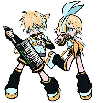 1boy 1girl bitterberry_00 black_leg_warmers black_sailor_collar black_shorts black_sleeves blonde_hair blue_eyes bow commentary deformed detached_sleeves full_body hair_between_eyes hair_bow hair_ornament hairclip headphones highres holding holding_microphone instrument kagamine_len kagamine_rin keytar leg_warmers looking_at_viewer microphone neckerchief necktie open_mouth pigeon-toed pointing pointing_at_viewer ponytail sailor_collar shirt shoes short_hair shorts simple_background smile standing standing_on_one_leg symbol-only_commentary vocaloid white_background white_shirt white_shoes yellow_neckerchief yellow_necktie