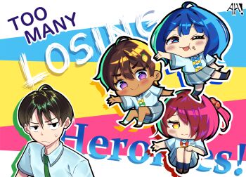 1boy 3girls ahoge anak1ss black_eyes blue_bow blue_eyes blue_hair blush bow brown_hair chibi english_text food-themed_hair_ornament green_bow green_necktie hair_ornament highres komari_chika lemon_hair_ornament light_frown make_heroine_ga_oo_sugiru! medium_hair multiple_girls necktie orange_bow pleated_skirt purple_eyes red_bow red_hair school_uniform shirt short_hair short_sleeves skirt smile summer_uniform sweatdrop tan tsuwabuki_high_school_uniform white_shirt yakishio_lemon yanami_anna yellow_bow yellow_eyes