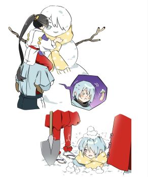 1girl 2boys :t aroused arrow_(symbol) black_hair black_hakama blue_hair blush bow carrying character_snowman commentary_request crying ear_blush euphemism flying_sweatdrops fubuki_(nige_jouzu_no_wakagimi) hair_over_one_eye hakama highres hikobe_fubuki houjou_tokiyuki_(nige_jouzu_no_wakagimi) implied_erection japanese_clothes kariginu korean_commentary long_hair long_sleeves low-tied_long_hair low_ponytail male_focus mochizuki_ayako motion_lines motoyui multiple_boys mushroom nervous_sweating nige_jouzu_no_wakagimi nose_blush out_of_frame partially_buried pink_bow polka_dot polka_dot_scarf ponytail raised_eyebrows red_hakama sandals scarf shoulder_carry shovel sidelocks_tied_back simple_background snow snow_on_head snowman standing sweat tabi trembling very_long_hair white_background yaoi yellow_scarf zouri