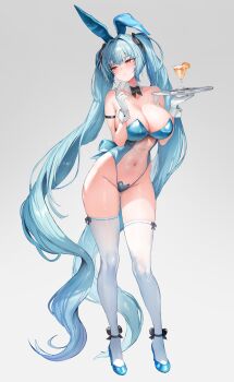 1girl absurdres animal_ears bare_shoulders black_bow black_bowtie blue_hair blue_leotard blush bow bowtie breasts cleavage closed_mouth cocktail collarbone covered_navel cup detached_collar drinking_glass embarrassed fake_animal_ears food fruit gloves goddess_of_victory:_nikke grey_background groin hair_intakes hands_up high_heels highres holding holding_tray large_breasts legs leotard long_hair looking_to_the_side orange_(fruit) orange_slice playboy_bunny privaty_(nikke) rabbit_ears shiny_skin simple_background solo standing strapless strapless_leotard thighhighs thighs tray twintails very_long_hair white_gloves white_leotard white_thighhighs wrist_cuffs yellow_eyes zerocat