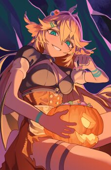1girl absurdres alternate_costume aqua_eyes blonde_hair breasts candy cleavage cowboy_shot dokibird dress food hair_ornament hairclip halloween hechium highres holding holding_candy holding_food indie_virtual_youtuber jack-o&#039;-lantern long_hair looking_at_viewer medium_breasts night short_sleeves sitting smile virtual_youtuber wings