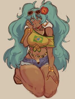 1girl absurdres barefoot bead_necklace beads bikini bikini_under_clothes blue_eyes blue_hair blue_shorts bracelet brazilian_flag brazilian_flag_print brazilian_miku breasts commentary curvy dark-skinned_female dark_skin earrings english_commentary eyewear_on_head flag_print flip-flops flower full_body grey_background hair_between_eyes hair_flower hair_ornament hand_up hatsune_miku highres jewelry long_hair looking_at_viewer medium_breasts necklace open_mouth print_shirt sandals shirt short_shorts shorts simple_background solo sunglasses swimsuit tan tanline thick_thighs thighs twintails vocaloid widisu yellow_shirt