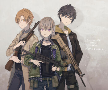 Rule 34 | 3boys, artist name, assault rifle, bad id, bad pixiv id, belt, belt pouch, black choker, black jacket, black pants, black shirt, black vest, blonde hair, brown belt, brown coat, brown hair, buttons, choker, closed mouth, coat, collarbone, collared shirt, copyright request, cowboy shot, dated, earrings, fn scar, fn scar 17, green jacket, grey background, grey eyes, grey hair, gun, h&amp;k mp5k, hair between eyes, holding, holding gun, holding weapon, jacket, jewelry, long sleeves, looking at viewer, multiple boys, open clothes, open coat, open jacket, pants, parted bangs, parted lips, pouch, pump action, purple eyes, remington 870, rifle, shirt, shoden, shotgun, smile, standing, stud earrings, submachine gun, thigh strap, vest, waistcoat, weapon, white shirt, yellow eyes