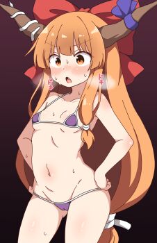 1girl alternate_costume bikini blush bow breasts brown_horns cowboy_shot fang groin hair_bow highres horn_ornament horn_ribbon horns ibuki_suika korra_down loli long_hair micro_bikini navel oni orange_eyes orange_hair paid_reward_available purple_bikini ribbon small_breasts solo sweat swimsuit touhou translation_request very_long_hair