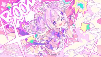 Rule 34 | > o, 1girl, ;d, ahoge, blue archive, blush, bow, bowtie, chinese commentary, commentary request, dress, drill hair, english text, explosion, eyes visible through hair, foreshortening, from above, full body, hair between eyes, hair intakes, halo, hand up, highres, holding, holding weapon, long hair, looking at viewer, mary janes, official alternate costume, official alternate hairstyle, one eye closed, open mouth, outline, pantyhose, pink hair, pink halo, purple bow, purple bowtie, purple dress, purple eyes, purple shoes, reisa (blue archive), reisa (magical) (blue archive), rocket launcher, rpg (weapon), sample watermark, shoes, sidelocks, smile, smoke, solo, speech bubble, standing, star (symbol), star halo, striped clothes, striped pantyhose, tareme, twin drills, twintails, two-tone dress, v-shaped eyebrows, watermark, weapon, white dress, white outline, white wrist cuffs, wrist cuffs, xianyuzi