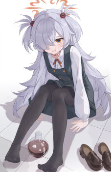 1girl absurdres black_pantyhose blue_archive brown_eyes brown_halo brown_shoes flask grey_hair grey_skirt grey_vest hair_over_one_eye halo highres kanoe_(blue_archive) looking_at_viewer one_eye_covered pantyhose round-bottom_flask serika shirt shoes skirt solo thighs vest white_shirt