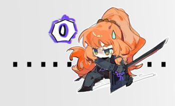 Rule 34 | 1girl, black coat, black pants, chibi, coat, full body, gameplay mechanics, green eyes, high ponytail, holding, holding sword, holding weapon, ishmael (project moon), jeong's office (identity) (project moon), jingshenhuanghu, limbus company, long hair, orange hair, pants, ponytail, project moon, sidelocks, simple background, solo, sweatdrop, sword, very long hair, weapon, white background