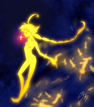 1girl ahiru_(princess_tutu) ahoge closed_eyes eyelashes feathers floating_hair glowing henshin highres jewelry long_hair necklace no_nipples no_pussy nude princess_tutu ranmari silhouette solo very_long_hair