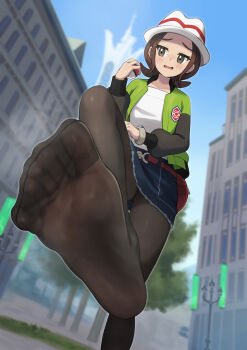 1girl absurdres black_pantyhose blue_skirt bracelet brown_eyes brown_hair city cityscape commentary_request commission day feet foot_focus from_below green_sweater harmony_(pokemon) hat highres holding holding_poke_ball jewelry leg_up looking_to_the_side mega_ring nervous_smile nintendo no_shoes open_mouth outdoors panties panties_under_pantyhose pantyhose pixiv_commission poke_ball poke_ball_(basic) pokemon pokemon_legends:_z-a presenting_foot sahara1127 see-through_clothes see-through_legwear see-through_pantyhose shirt skirt smile soles solo standing standing_on_one_leg sweater teeth toes underwear upper_teeth_only white_hat white_shirt