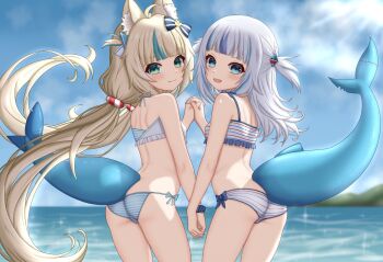 2girls :3 ahoge animal_ear_fluff animal_ears ass azunyart back beach bikini blonde_hair blue_bikini blue_eyes blue_hair blue_nails blue_sky blunt_bangs blurry blush bow cat_ears cat_girl cloud crossover day fins fish_tail frilled_bikini frills from_behind gawr_gura green_eyes grey_hair hair_bow hair_ornament holding_hands hololive hololive_english horizon indie_virtual_youtuber interlocked_fingers loli long_hair looking_at_viewer looking_back low_twintails multicolored_hair multiple_girls nail_polish ocean open_mouth outdoors sameko_saba scrunchie shark_girl shark_hair_ornament shark_tail sharp_teeth side-tie_bikini_bottom sky smile streaked_hair striped_bikini striped_clothes swimsuit tail teeth twintails two_side_up very_long_hair virtual_youtuber water white_bikini wrist_scrunchie