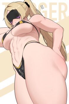 abs absurdres ass biceps bikini black_bikini blindfold blindfold_mask blonde_hair blush breasts character_name embarrassed from_below hair_elastic hand_on_own_ass highleg highleg_bikini highres large_breasts long_hair looking_at_viewer mask micro_bikini muscular muscular_female oddsnail ribs solo solo_focus standing swimsuit teeth thighs trigger_(zenless_zone_zero) underboob very_long_hair white_background yellow_background yellow_bikini zenless_zone_zero zipper_bikini