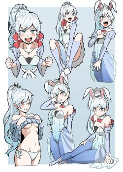 Rule 34 | 1girl, animal ears, blue pantyhose, breasts, clothes lift, commentary, dress, fake animal ears, highres, leotard, looking at viewer, mori kuro pp, pantyhose, rabbit ears, rwby, scar, scar across eye, scar on face, side ponytail, strapless, strapless leotard, sweater, sweater lift, tiara, underboob, weiss schnee, white dress, white hair, white leotard