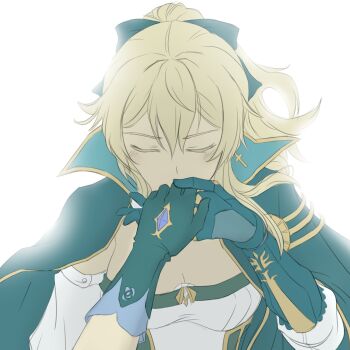 2girls backlighting black_bow black_gloves blonde_hair blue_cape blue_gloves blush bodysuit bow breasts cape cleavage closed_eyes commentary covered_mouth cross cross_earrings detached_sleeves earrings english_commentary floral_print gem genshin_impact gloves hair_between_eyes hair_bow hand_up high_ponytail highres holding_hands jean_(genshin_impact) jean_(gunnhildr's_legacy)_(genshin_impact) jewelry kiss kissing_hand large_breasts lisa_(genshin_impact) long_hair long_sleeves multiple_girls ponytail puffy_detached_sleeves puffy_long_sleeves puffy_sleeves purple_gem sidelocks simple_background solo_focus upper_body wavy_hair white_background white_bodysuit white_sleeves yurenn yuri