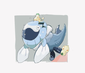 Rule 34 | animal focus, arctovish, berry (pokemon), commentary request, eating, food, food in mouth, fruit, full body, gen 8 pokemon, kyouka-0428, nintendo, no humans, open mouth, pokemon, pokemon (creature), pokemon focus, sitrus berry, solo, sweat