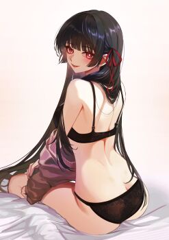 1girl absurdres ass back bare_shoulders black_bra black_hair black_panties bra chinese_commentary chisa_(wuthering_waves) commentary_request from_behind hair_ribbon hei_xing_(pixiv_5165661) highres long_hair looking_at_viewer looking_back median_furrow panties parted_lips red_eyes red_ribbon ribbon shoulder_blades sitting smile solo thighs underwear undressing very_long_hair wuthering_waves