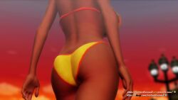 1girl 3d animated ass ass_shake bikini blue_eyes bouncing_breasts breasts brown_hair cleavage close-up earrings from_behind hairdressing hand_on_own_hip highres jewelry large_breasts legs lower_body mario_(series) nintendo princess_daisy red_lips seductive_smile smile solo swimsuit tagme tan thighs twilight video virtuablueam2 walking yellow_bikini