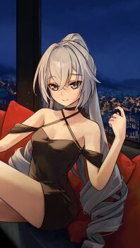 1girl absurdres alternate_costume bare_shoulders black_choker black_dress breasts choker city_lights cityscape cleavage closed_mouth commentary cowboy_shot criss-cross_halter crossed_bangs dress drill_hair english_commentary grey_eyes grey_hair hair_between_eyes halterneck hand_up hey_catia highres honkai:_star_rail honkai_(series) indoors long_hair looking_at_viewer medium_breasts nail_polish night pillow red_nails silver_wolf_(honkai:_star_rail) sitting smile solo very_long_hair window