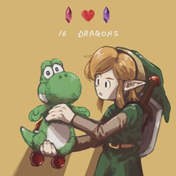 1boy belt blonde_hair gus_uur hat heart highres holding holding_stuffed_toy holding_toy link mario_(series) nintendo pointy_ears rupee_(zelda) shield shield_on_back solo stuffed_toy sword sword_on_back the_legend_of_zelda the_legend_of_zelda:_link&#039;s_awakening toy tunic upper_body weapon weapon_on_back yellow_background yoshi