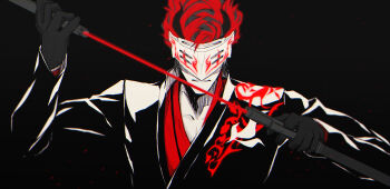 1boy adam_taurus chokutou gloves highres holding holding_sword holding_weapon horns jacket male_focus mask nerevi red_hair rwby sword weapon wilt_and_blush