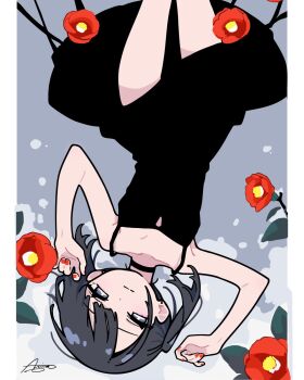 Rule 34 | ameniwa, bare arms, bare shoulders, black choker, black dress, black hair, breasts, choker, collarbone, commentary, dress, english commentary, flower, highres, leaf, nail polish, original, red flower, red nails, short hair, signature, small breasts, thighs
