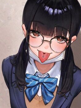 1girl black_hair black_jacket blue_bow blue_bowtie bow bowtie brown_background brown_eyes brown_sweater_vest collared_shirt commentary_request glasses glasses_day jacket long_hair looking_at_viewer mask mouth_mask nanja original piercing shirt simple_background solo striped_bow striped_bowtie striped_clothes surgical_mask sweater_vest tongue tongue_out tongue_piercing upper_body watermark watermark_grid white_shirt