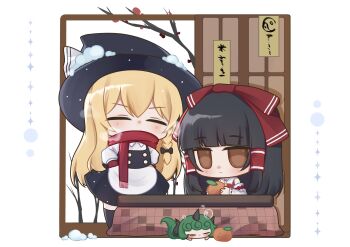 3girls absurdres apron ascot black_bow black_hair black_hat black_skirt black_vest blonde_hair bow braid breath brown_eyes chibi chibi_only closed_eyes commentary curly_hair detached_sleeves english_commentary green_hair hair_bow hair_tubes hakurei_reimu hat hat_bow highres horns kirisame_marisa komainu_ears komainu_girl komano_aunn kotatsu long_hair mini_person minigirl mittens mixed-language_commentary multiple_girls no_noru red_bow red_mittens red_scarf ribbon-trimmed_sleeves ribbon_trim scarf side_braid single_braid single_horn skirt sleeping snow snow_on_headwear table touhou under_kotatsu under_table very_long_hair vest waist_apron winter witch_hat yellow_ascot