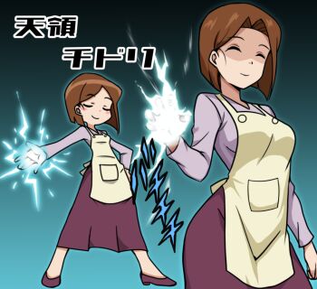 Rule 34 | 1girl, apron, artist request, breasts, breasts out, brown hair, chibi, closed eyes, curvy, full body, glowing, glowing hand, gradient background, highres, mature female, medarot, multiple views, parody, pun, purple skirt, shaded face, skirt, smile, solo, standing, tenryou chidori, translation request, wide hips