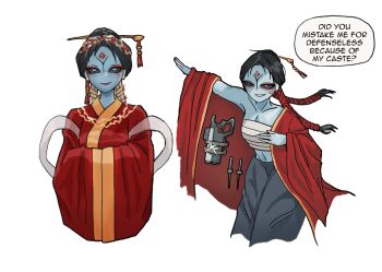 1girl alien blue_skin braid breasts chest_sarashi chinese_clothes cleavage colored_skin english_text fewer_digits gun hair_ornament hair_stick highres jacket lipstick looking_at_viewer makeup no_nose open_clothes open_jacket sarashi smile solid_eyes solo speech_bubble superfeyn t&#039;au twin_braids warhammer_40k weapon white_background