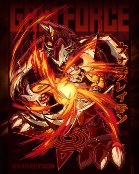 Rule 34 | armor, character name, claw (weapon), digimon, digimon (creature), digimon adventure, dragon, fire, full body, glowing, glowing eyes, green eyes, helmet, highres, horns, red hair, short hair, solo, uchiha jake, wargreymon, weapon