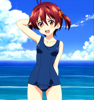 Rule 34 | 1girl, bare arms, bare legs, bare shoulders, beach, blue one-piece swimsuit, breasts, cloud, collarbone, day, dot nose, feet out of frame, female focus, highres, isshiki akane, legs, looking at viewer, one-piece swimsuit, open mouth, outdoors, red eyes, school swimsuit, short hair, sky, small breasts, solo, standing, stitched, swimsuit, teeth, third-party edit, vividred operation, water