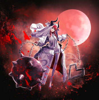 152_in_can 1girl blue_eyes chain curled_horns dragon_girl dragon_horns dress elizabeth_bathory_(avenger)_(fate) fate/grand_order fate_(series) fishnets fishnets_over_socks highres horns long_hair mace red_hair solo spiked_mace spikes thighhighs_under_pantyhose two_side_up veil weapon white_dress white_headdress white_veil