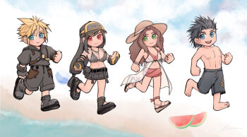 2boys 2girls aerith_gainsborough aerith_gainsborough_(sunny_robe) barefoot baseball_cap beach bikini bikini_under_clothes black_bikini black_hair black_sailor_collar black_shirt black_swim_trunks blonde_hair blue_eyes breasts brown_hair closed_mouth cloud_strife cloud_strife_(maritime_sailor) final_fantasy final_fantasy_vii final_fantasy_vii:_ever_crisis food fruit full_body gloves green_eyes hat large_breasts lifeguard linono long_hair looking_at_viewer low-tied_long_hair miniskirt multiple_boys multiple_girls navel ocean official_alternate_costume pink_bikini red_eyes sailor_collar sand sandals see-through_clothes see-through_shirt shirt skirt smile spikes square_enix stomach straw_hat swimsuit tifa_lockhart tifa_lockhart_(lifeguard) topless_male watermelon watermelon_slice wet wet_clothes wet_shirt yellow_gloves zack_fair zack_fair_(tropical_beach)