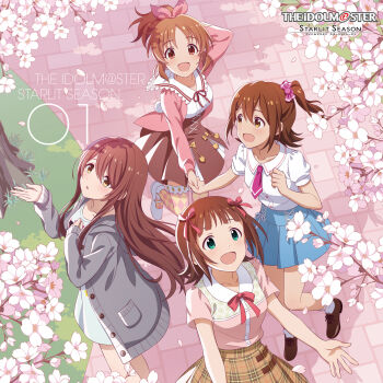 Rule 34 | 4girls, :d, abe nana, album cover, amami haruka, blue skirt, bow, brown eyes, brown hair, brown shoes, brown skirt, cardigan, cherry blossoms, collared shirt, copyright name, copyright notice, cover, day, from above, green eyes, grey cardigan, hair bow, highres, holding hands, idolmaster, idolmaster (classic), idolmaster cinderella girls, idolmaster million live!, idolmaster shiny colors, idolmaster starlit season, kasuga mirai, long hair, multiple girls, multiple hair bows, necktie, official art, one side up, open cardigan, open clothes, open mouth, orange hair, osaki tenka, outdoors, pink necktie, pink shirt, plaid clothes, plaid skirt, ponytail, red bow, shirt, shoes, short hair, skirt, smile, standing, thighhighs, third-party source, white shirt, white shoes
