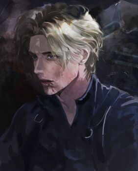Rule 34 | 1boy, 7554shan, aegyo sal, beard stubble, blank stare, blonde hair, blood, blood from mouth, blood on face, blue eyes, blue shirt, collared shirt, commentary, facial hair, highres, leon s. kennedy, looking to the side, male focus, resident evil, resident evil requiem, shirt, short hair, solo, stubble, upper body