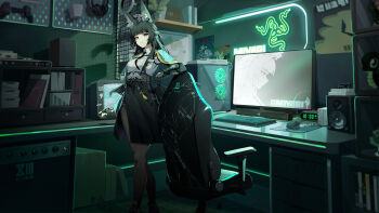 1girl absurdres amplifier animal_ear_fluff animal_ears aqua_jacket black_hair black_necktie black_pantyhose black_skirt box cardboard_box chair character_print commentary computer computer_keyboard computer_mouse controller desk english_commentary fox_ears fox_girl gaming_chair hand_on_own_hip headphones highres hoshimi_miyabi indoors jacket long_hair looking_at_viewer monitor mousepad_(object) necktie office_chair official_art pantyhose product_placement razer red_eyes skirt smile sneki_snek solo speaker standing swivel_chair zenless_zone_zero