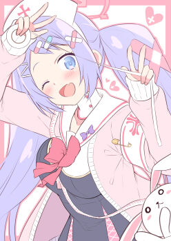 1girl 1other :d ;d absurdres akane_souichi animal animal_ears animal_nose arm_up armband bandaid bandaid_hair_ornament black_dress blue_archive blue_eyes blush border bow bowtie breasts commentary crossed_bandaids dot_nose double_v dress fang hair_ornament hairclip halo hanae_(blue_archive) hand_up happy hat head_tilt heart highres holding holding_tape_measure jacket large_breasts long_hair long_sleeves looking_at_viewer nurse nurse_cap o_o one_eye_closed open_clothes open_jacket open_mouth parted_bangs pill_hair_ornament pink_border pink_halo pink_jacket purple_bow purple_hair rabbit rabbit_ears red_bow red_bowtie safety_pin sailor_collar sailor_dress sidelocks simple_background skin_fang sleeves_past_wrists smile standing tape_measure too_many_hair_ornaments twintails upper_body v very_long_hair white_armband white_background white_fur white_hat white_sailor_collar