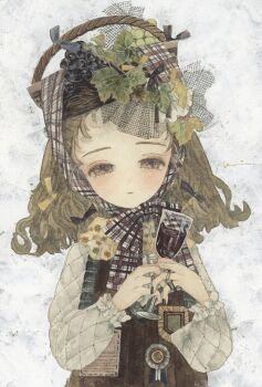 1girl acrylic_paint_(medium) alcohol blush bow brown_eyes brown_hair closed_mouth commentary_request cup earrings flower food frills fruit grape_vine grapes hair_bow hair_ribbon hairband highres holding holding_cup jewelry karintoun lace looking_at_viewer medium_hair original painting_(medium) ribbon signature straight-on traditional_media upper_body watercolor_(medium) wavy_hair white_background wine