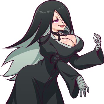 1girl bandaged_hand black_hair breasts eris_illmater large_breasts long_hair mike_inel multicolored_hair one_eye_covered smile tongue tongue_out transparent_background two-tone_hair tyrion_cuthbert:_attorney_of_the_arcane white_hair