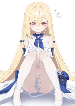 1girl absurdres bare_legs bare_shoulders blonde_hair blush bow braid bright_pupils closed_mouth commentary_request counter:side ecclesia_(counter:side) hair_bow highres knees_up korean_commentary long_hair looking_at_viewer mole mole_under_eye navel oldsickkim red_eyes revealing_clothes shoes simple_background sitting smile solo sweat thighs twin_braids very_long_hair white_background white_shoes