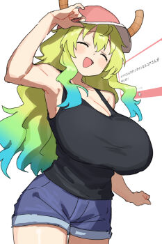 1girl bare_shoulders baseball_cap black_tank_top blonde_hair blue_shorts blush breasts cleavage closed_eyes commentary_request denim denim_shorts dragon_girl dragon_horns gazacy_(dai) gradient_hair green_hair hat highres horns kobayashi-san_chi_no_maidragon large_breasts long_hair lucoa_(maidragon) multicolored_hair open_mouth pink_hat short_shorts shorts smile solo tank_top