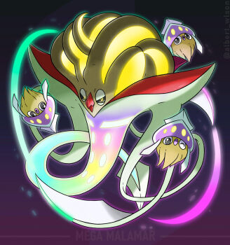 :o albrt-wlson alternate_color beak black_sclera character_name closed_mouth colored_sclera commentary english_commentary evolutionary_line gen_6_pokemon highres inkay malamar mega_malamar mega_pokemon nintendo no_humans non-web_source one_eye_closed open_mouth pokemon pokemon_(creature) pokemon_focus shiny_pokemon smile squid tentacles yellow_eyes