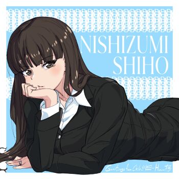 1girl arm_support ass black_eyes black_hair blush breasts character_name formal_clothes girls_und_panzer highres huaronanago large_breasts long_hair looking_at_viewer nishizumi_shiho solo suit