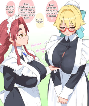 2girls apron blonde_hair blush breasts catherine_(conto) commentary conto english_text franchesca_(conto) glasses gradient_background huge_breasts maid maid_apron maid_headdress multiple_girls original red-framed_eyewear red_hair simple_background speech_bubble tagme talking