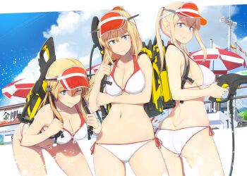Rule 34 | 3girls, alternate hairstyle, ass, backpack, bag, bikini, bismarck (kancolle), blonde hair, blue eyes, blue sky, blush, breasts, burning love (phrase), butt crack, cleavage, cloud, day, german text, graf zeppelin (kancolle), green eyes, halterneck, highres, kantai collection, large breasts, leaning forward, long hair, looking at viewer, multiple girls, navel, one eye closed, osterei, outdoors, ponytail, pool, prinz eugen (kancolle), side-tie bikini bottom, sideboob, sky, smile, string bikini, swimsuit, twintails, umbrella, visor cap, water gun, white bikini